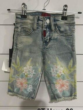 Girls Light Blue Floral Denim Shorts